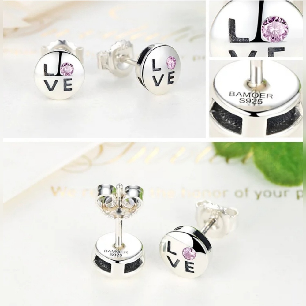 925 "LOVE" pink CZ Stud Earrings - Picture 3 of 4